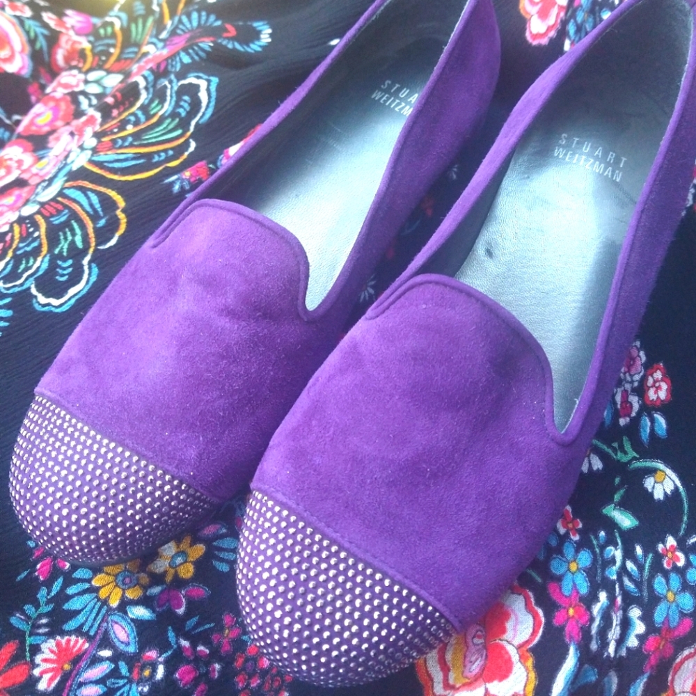 NWOT Stuart Weitzman Lingo Silver Stud Cap Slip On Loafers Flats sz 6 *purple*